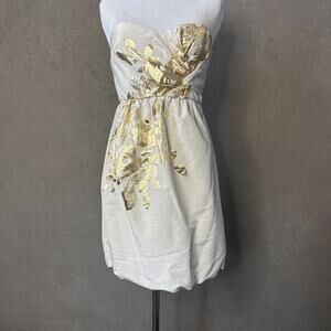 TIBI New York Ivory Gold Foil Floral Strapless Bubble Hem Mini Dress 2